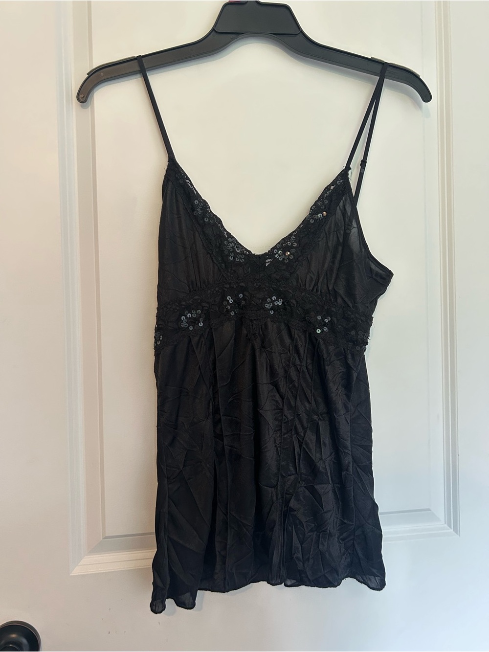 Y2K Black Sequin Trim Silk-Look Cami Top